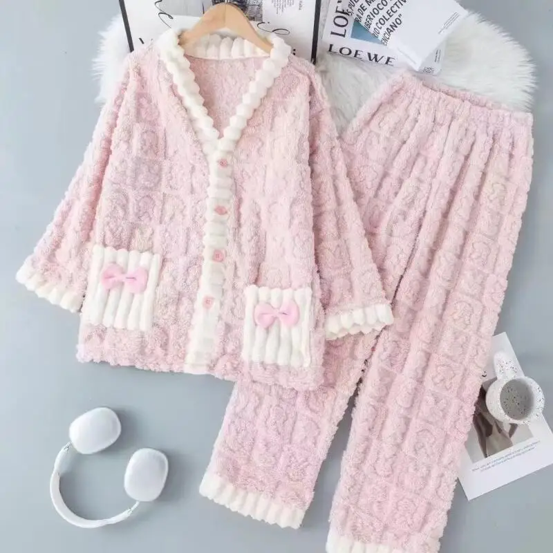 

New Woman Winter Cardigan Pj Set Girl Pajamas Girl Wearable As Outerwear Keep Warm Flannel Homewear Coral Fleece Sleepwear Suit