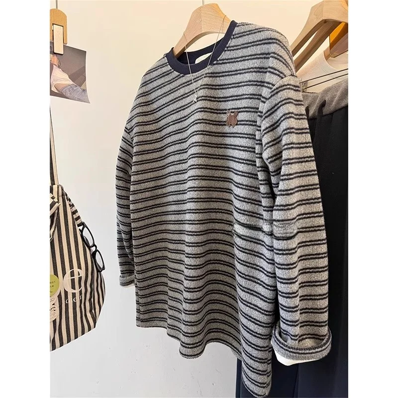 

Осенне-зимняя женская толстовка больших размеров с начесом, в полоску, из полиэстера, не деформируется