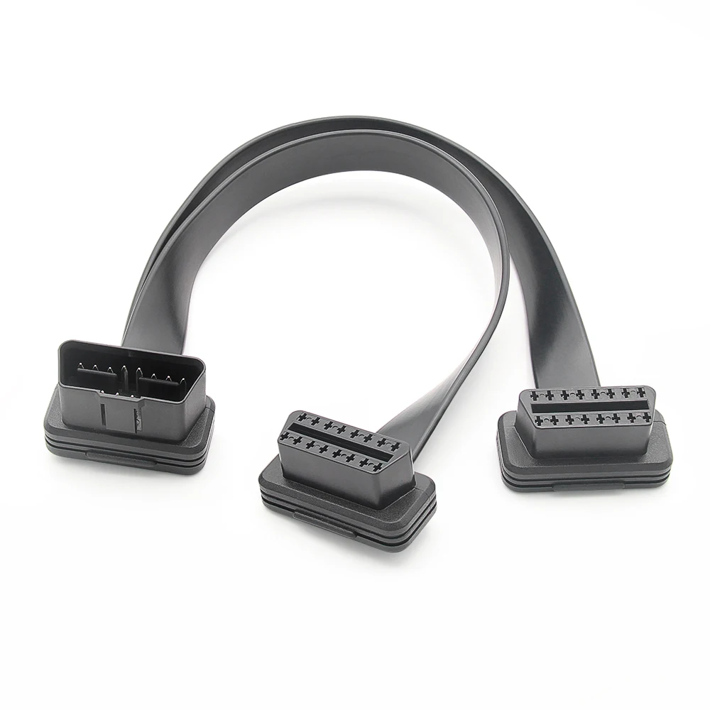 30CM OBDII Extension Dual Connector Y Splitter OBD2 16PIN Male to Female Connection Flat+Thin as Noodle Use with ELM327