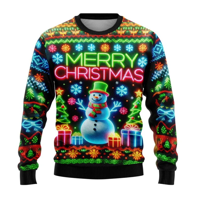 Neon Snowman Pattern Pullover 2025 Merry Christmas 3D Printing Ugly Sweater Women Clothing Snowflake Gift Boys Girls Sportswear