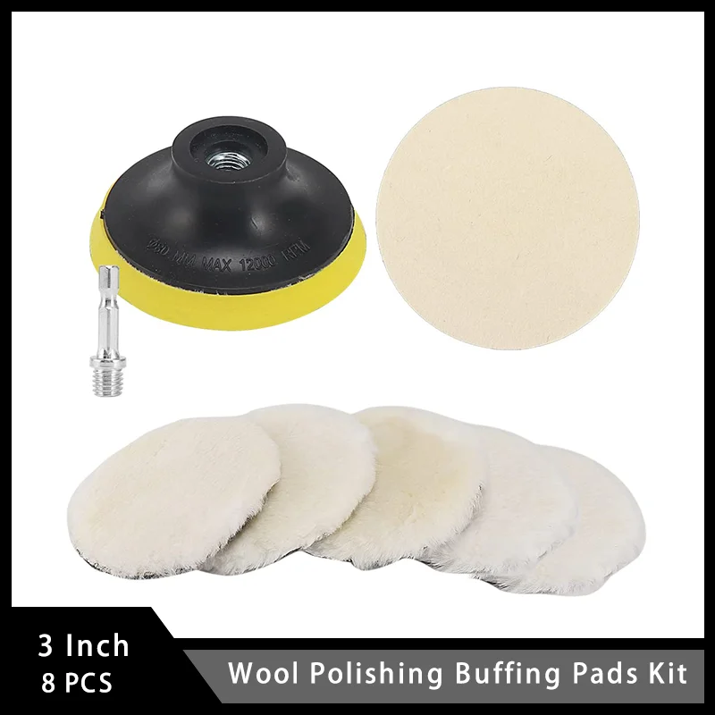 

Wool Polishing-Buffing Pads Kit 3 Inch with Hook & Loop Backer Plate M10 Thread 8 Pcs for Removing Scratches Burrs Rust Dust