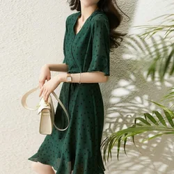 Polka Dot Heavyweight Silk Dress Hangzhou Silk Women's Dress Mulberry Silk 2025 New Summer Mid Length Green summer dress women
