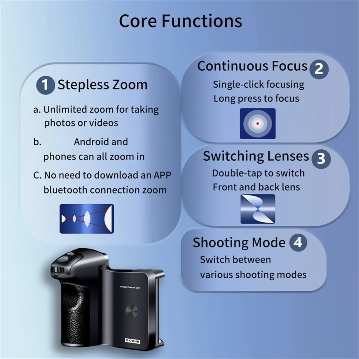 H8 Stepless Zoom for Android Phone Selfie Handle Grip, Bluetooth Remote Control, Anti-Shake Photograph Handle