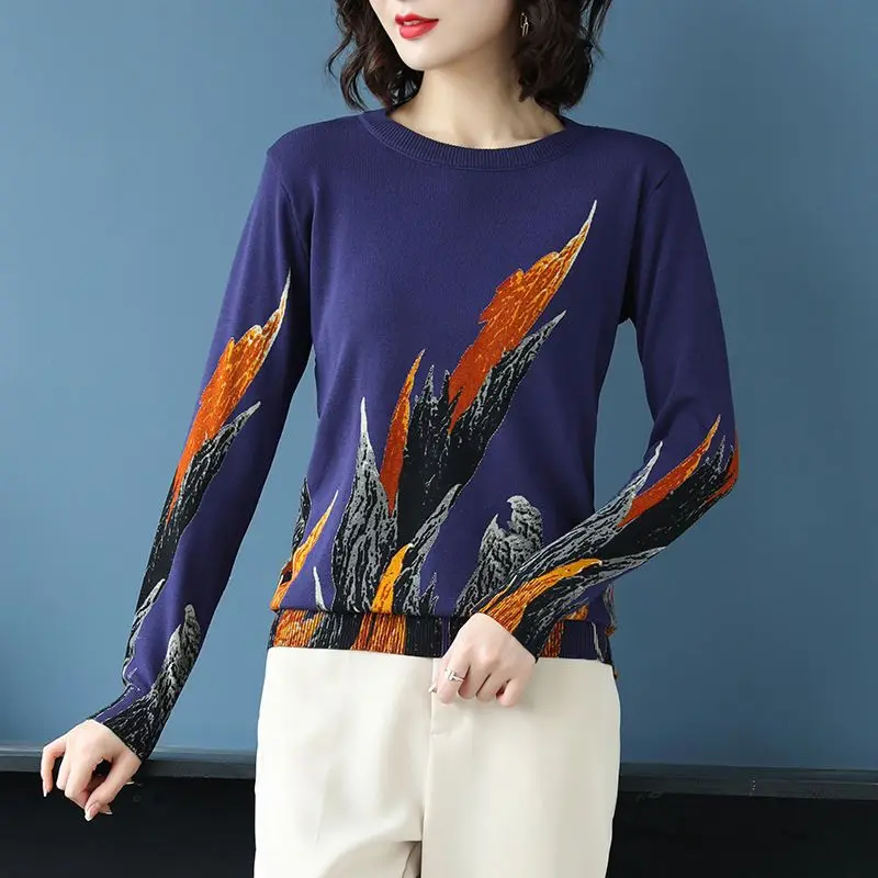 

Spring and Autumn Women's Printed Knitted T-shirt New Round Neck All-match Vintage Long Sleeve Underlay Tops Female Clothing