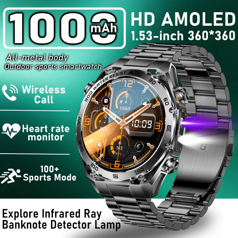 

LIGE New 1000mAh Large Battery Smart Watch Men Waterproof Flashlight 24H Heart Rate Monitor 1.53" AMOLED Screen Sport Smartwatch