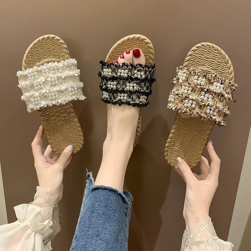 2024 Women's Summer  Slippers Comfortable Linen Slippers Lace Pearl Linen Flip Flops Thick Sole Sandals Women's Indoor Shoes