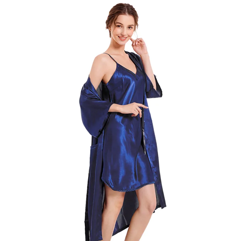 

VILIS сексуальный атласный пижамный комплект с v-образным вырезом, женский весенне-осенний однотонный халат, камзол, одежда для сна из двух предметов, домашняя одежда средней длины