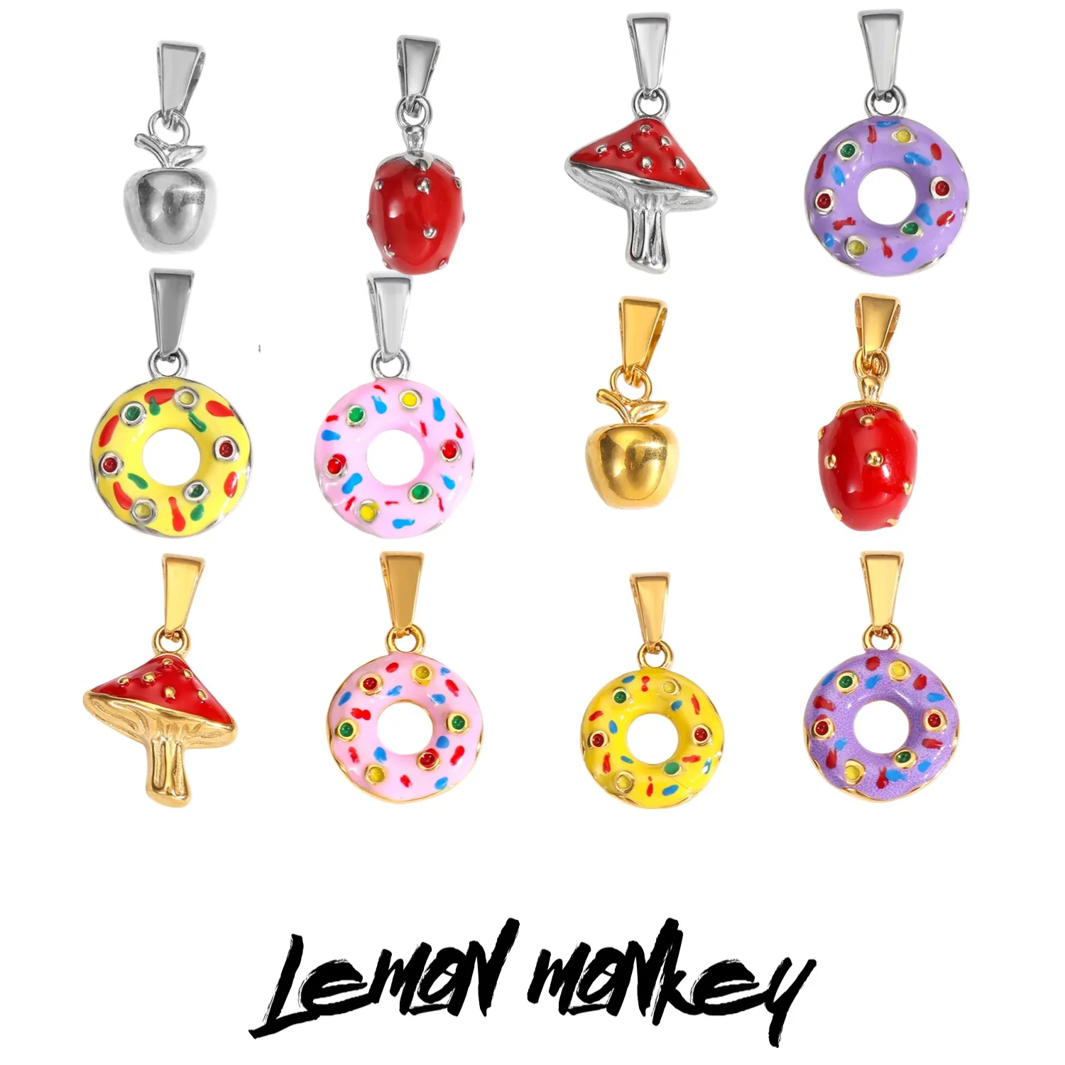 

6PCS DIY colorful 3D oil dripping fruit pendant stainless steel donut mushroom jewelry accessories wholesale
