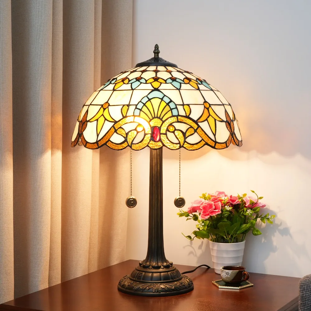 

Dia40cm Tiffany Stained Glass Desk Lamp European Vintage Decor Light Baroque Lampshade Bedroom Bedside Table Lamp