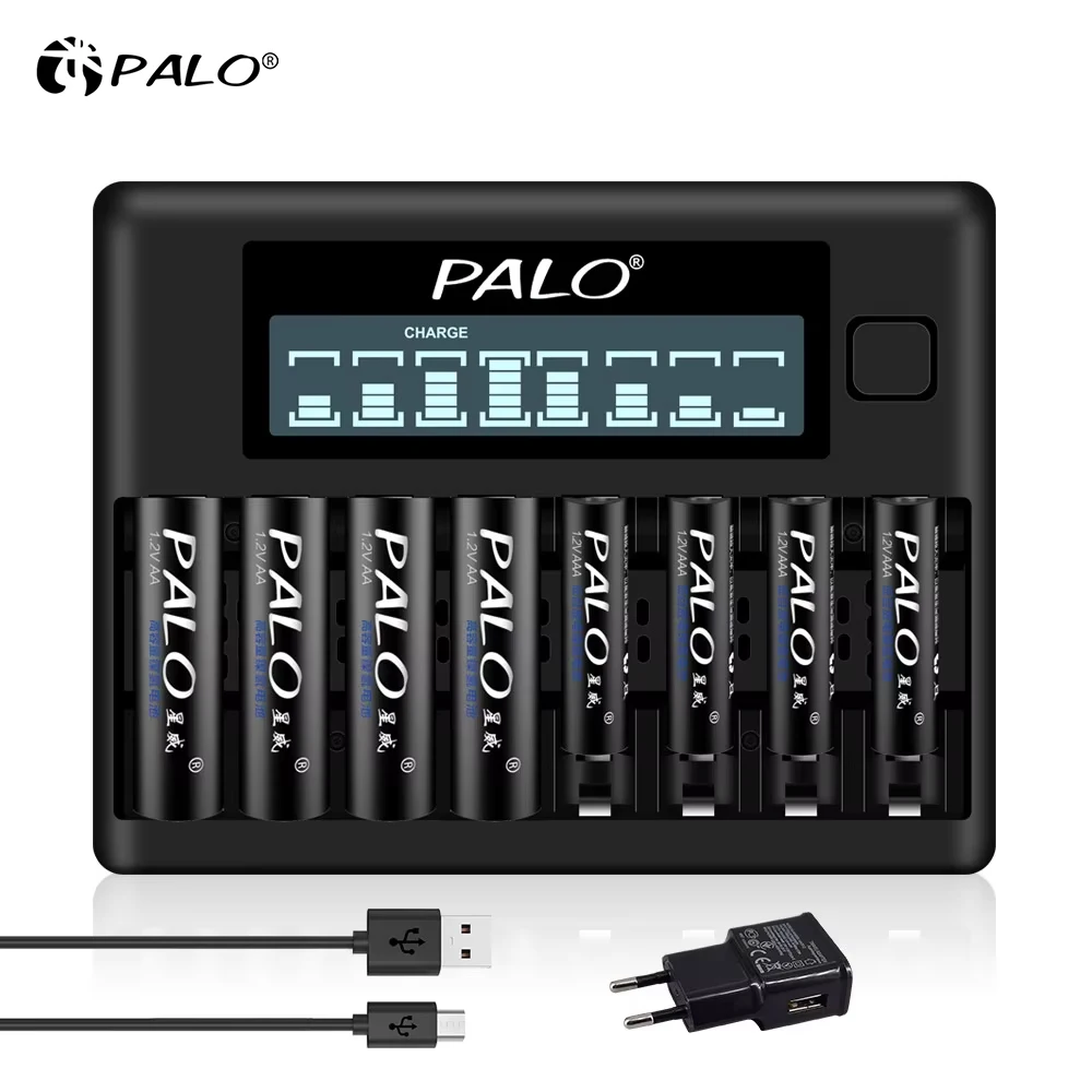 Carregador de Bateria Rápido e Inteligente PALO com Display LCD para Baterias Recarregáveis 1.2V Ni-MH Ni-CD AA AAA 2A 3A LR3 LR6