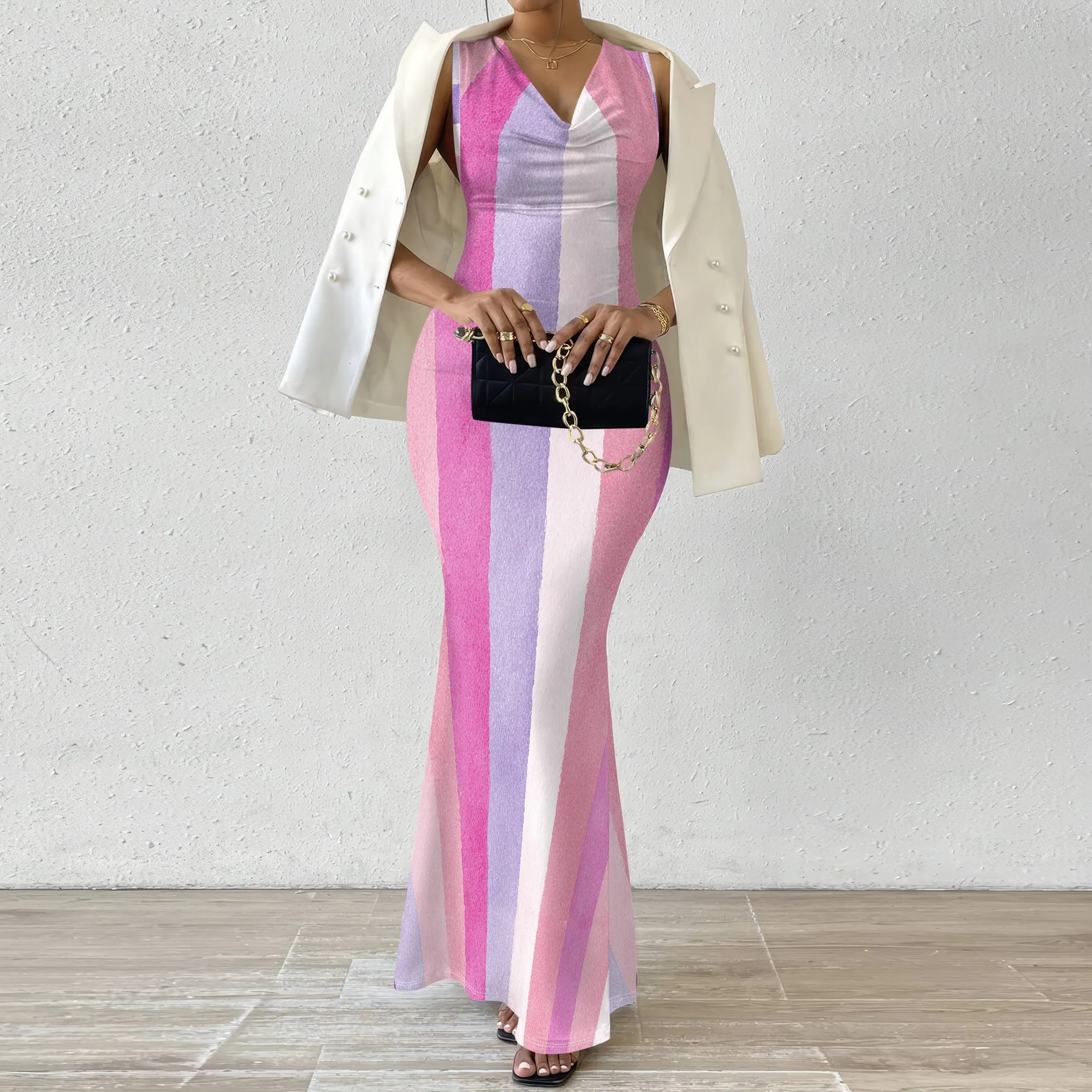 

Women’s Color Block Maxi Dress Elegant V Neck Sleeveless Mermaid Hem Summer Evening Party Gown XS-2XL