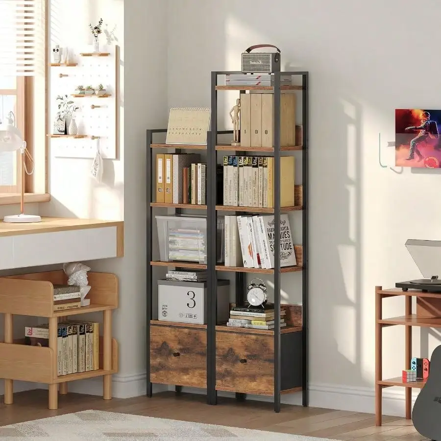 Bookshelf, 5-Tier Bookcase With Drawer, Small Book Shelf Small Space, Storage Shelf Organizer, Living Room, Bedroom, Study, Kitchen, Rustic Brown And Black BKHR55101