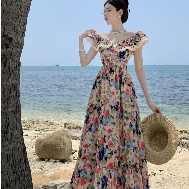 Summer Long Printed Dr Women's Beach Vaion One-oulder Floral Oil Painting Print A-Line Gown High Waist Svel