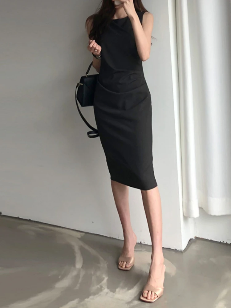 Elegant Women Office Dress New 2020 Summer Sleeveless Bodycon Dresses Retro Women Midi Solid Black Long Robe Vestidos Mujer