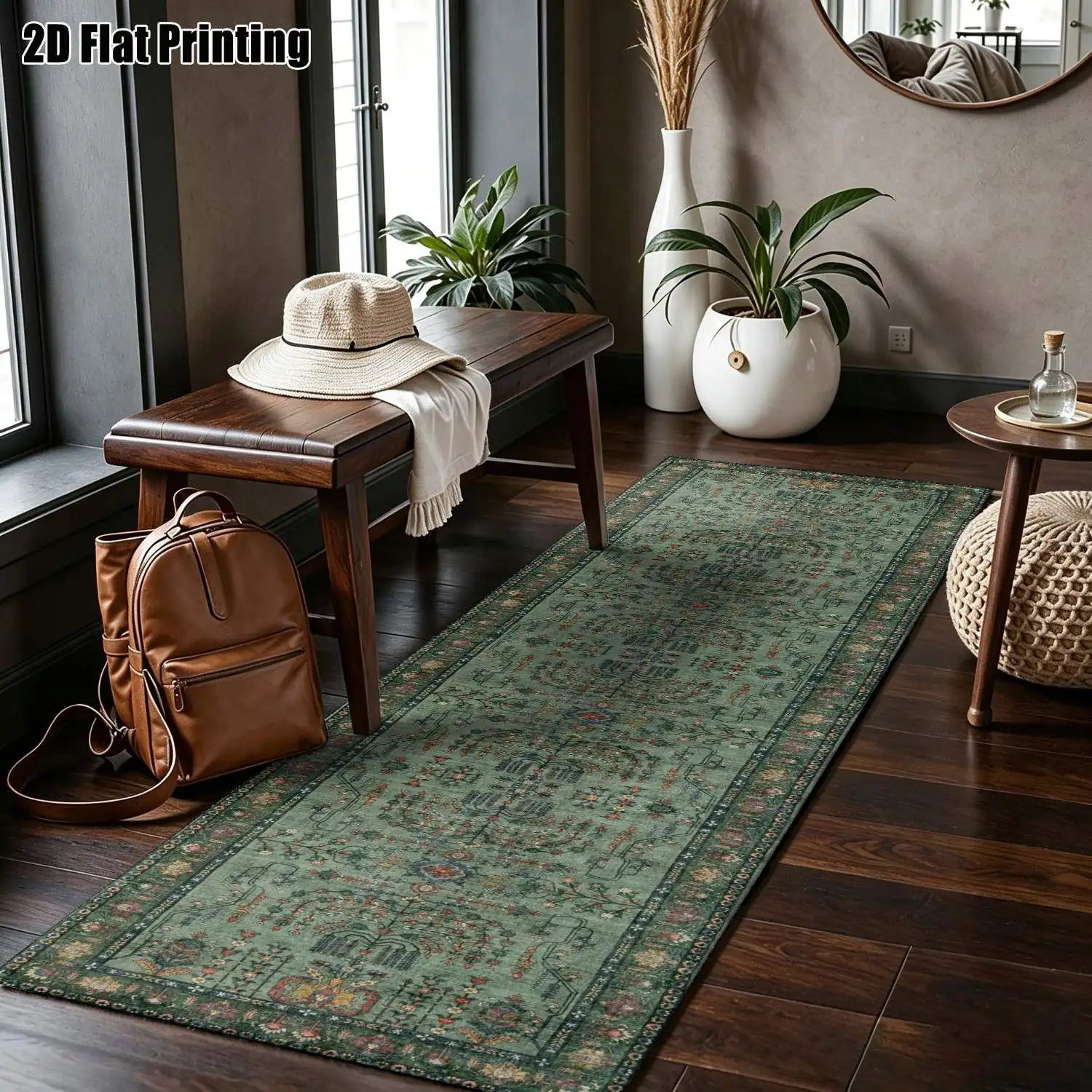 1Pc 2D Printed Long Strip Rug: Blue-Grey Retro Geometric Pattern, European Style, Boho Motifs, Machine Washable, Multi-Size, Ideal for Hallway, Entryway, Living Room, Bedroom Home Decor