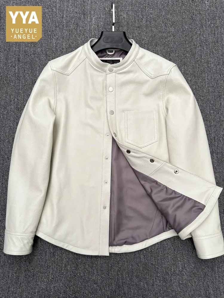 

Men High Quality Cowhide Jacket Stand Collar Ivory White Jackets Single Breasted Genuine Leather Outerwear Slim Fit Warm Coat
