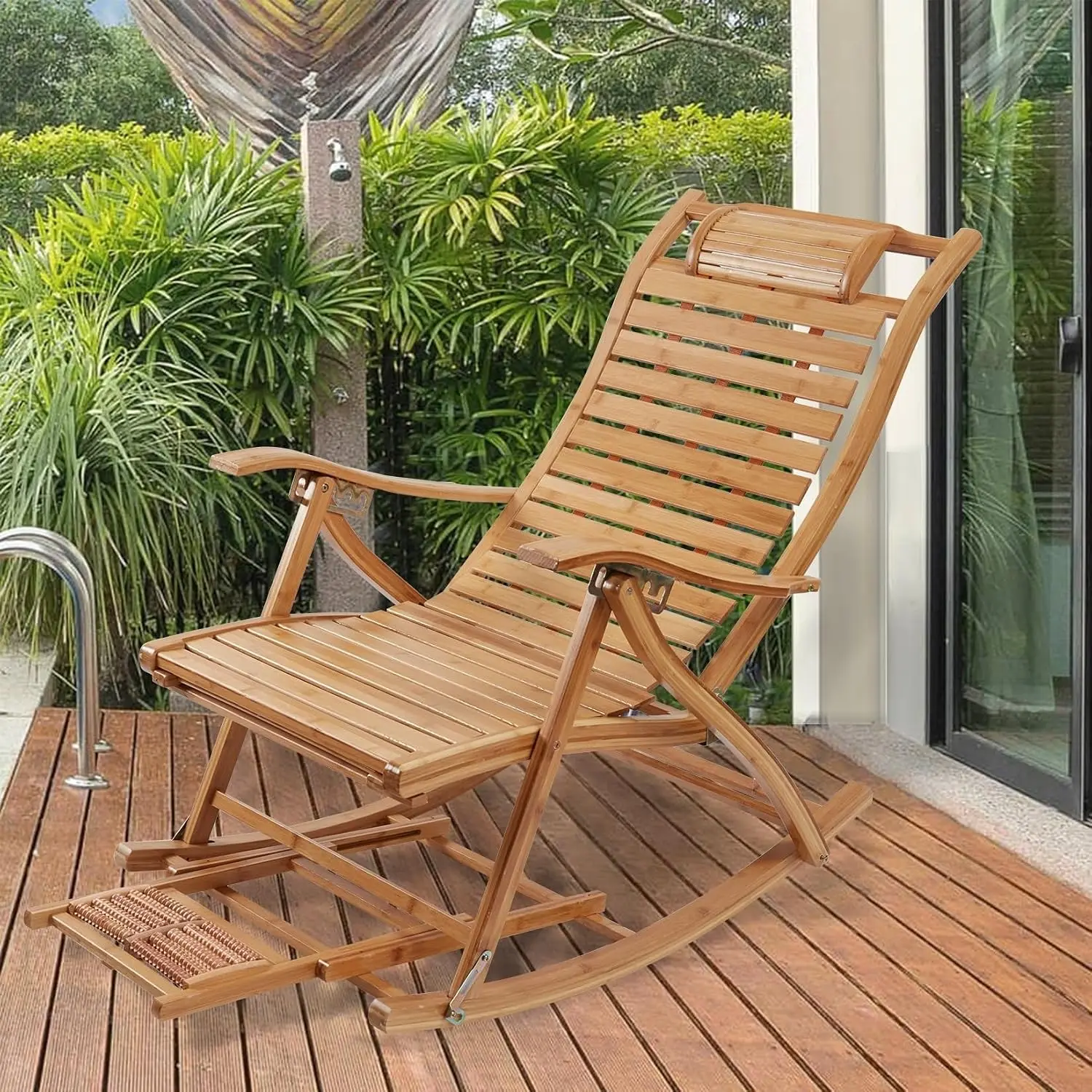 Extra Large Rocking Chair Elderly Stable Garden Recliner Foldable Bamboo Manual Recline, Customized