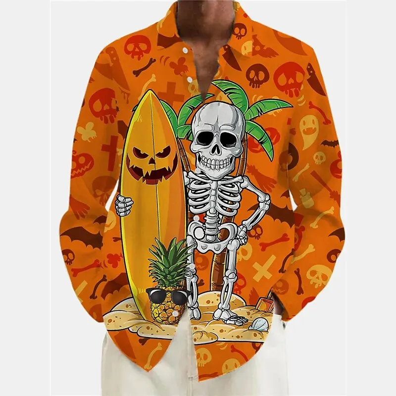 

Funny Skeleton Graphic Men's Long Sleeve Shirts Fashion Button Lapel Holiday Casual Clothes Autumn Comfortable Quick Drying Tops