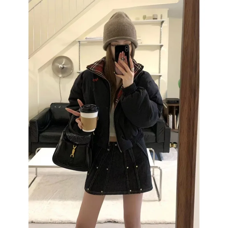 2024 New Winter Short Style Solid Color Versatile Double Sided Parkas for Women Black Red Grid Cotton Jacket Female Clothing