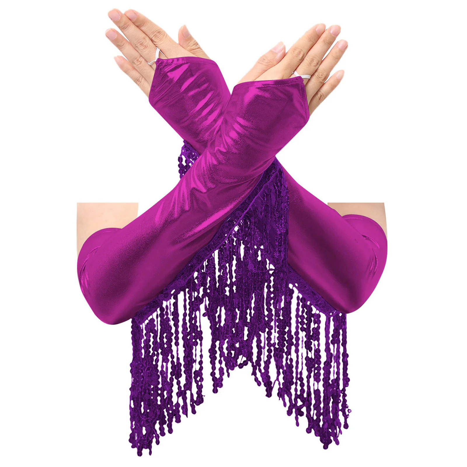 Gants de fête brillants pour femmes, longueur coude, longs pompons, paillettes métalliques, mitaines sans doigts, accessoires de Performance sur scène