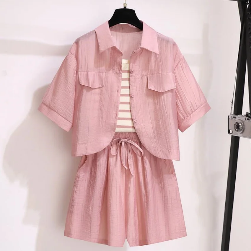Summer New Short Sleeved Casual Shirt Striped Camisole Shorts Three Piece Set Fashionable Women's Shorts Set Full Outfit