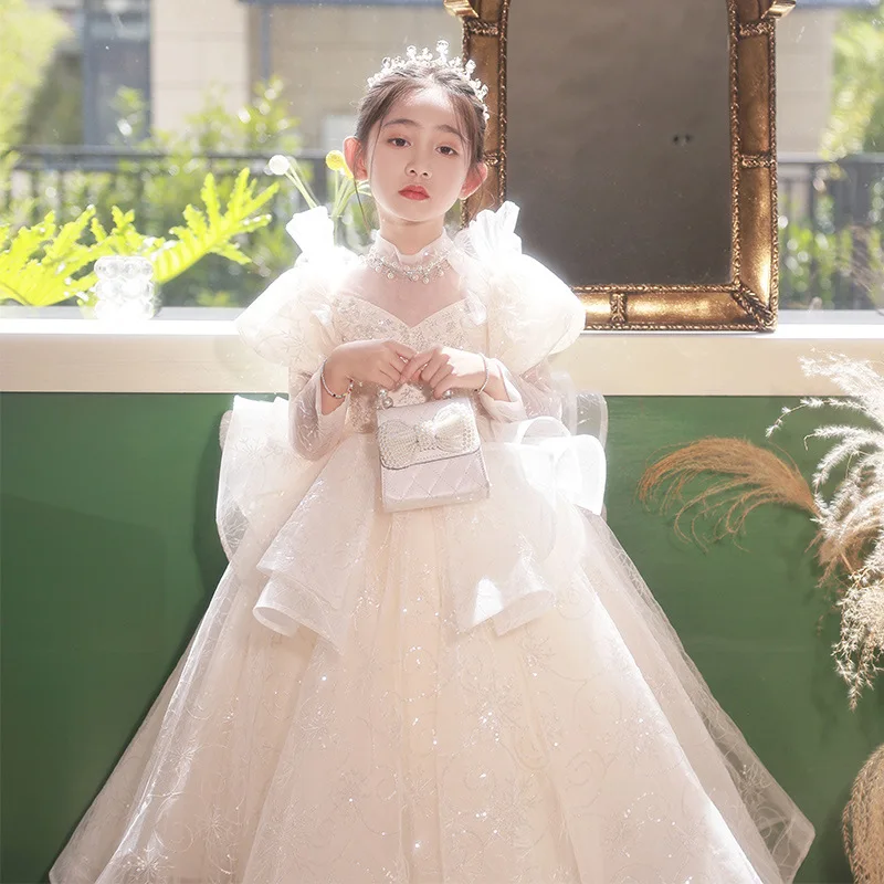 الفتيات فستان الأميرة الراقية المنصة زهرة فتاة الزفاف فتاة صغيرة فستان الأطفال المضيف أداء البيانو فستان طويل الأكمام