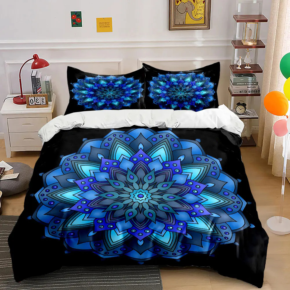 

3Pcs Blue Mandala Bedding Set, Intricate Bohemian Flower Print Duvet Cover + 2 Pillowcases, Zen Decor