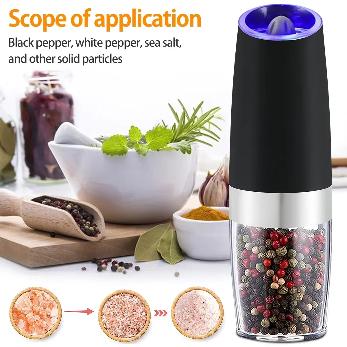 

Gravity-Type Electric Salt Pepper Grinder Stainless Steel Adjustable Coarseness Automatic Herb Spice Grinder Kitchen Gadget Set