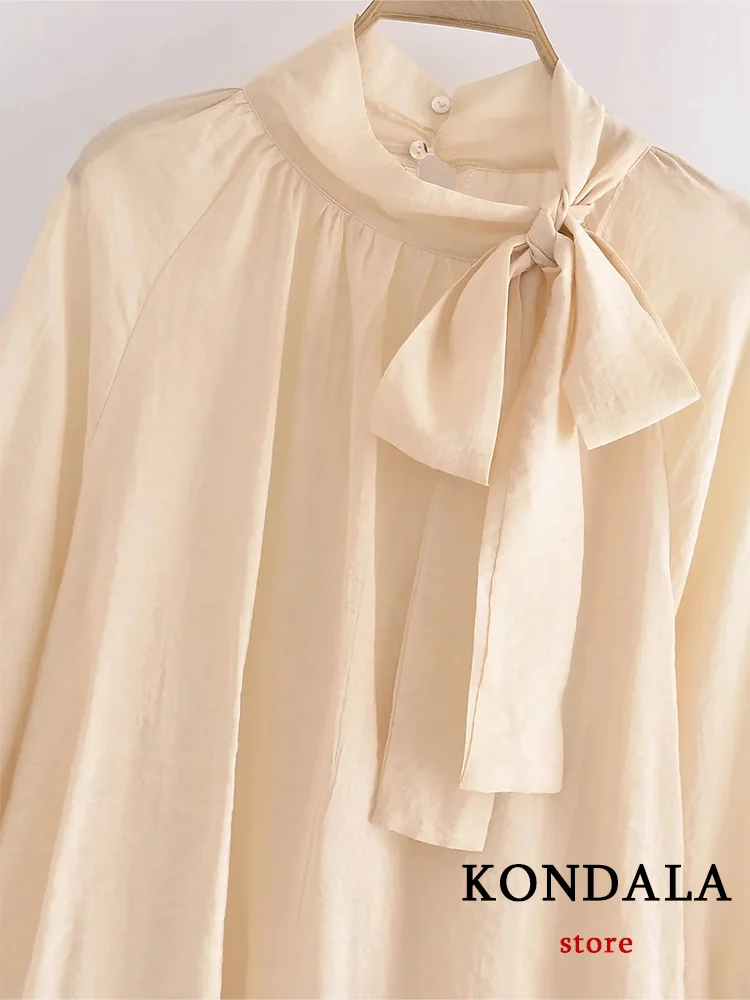 KONDALA Vintage Chic Solid Women Blouse Bow Long Sleeve Loose Shirts New Fashion 2023 Autumn Holiday Casual Elegant Blouse