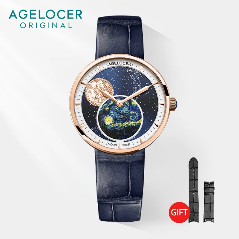 

AGELOCER Brand Ladies Real Moonphase Watch Women Sapphire Waterproof Blue Leather Wrist Watches Moon phase Bracelet