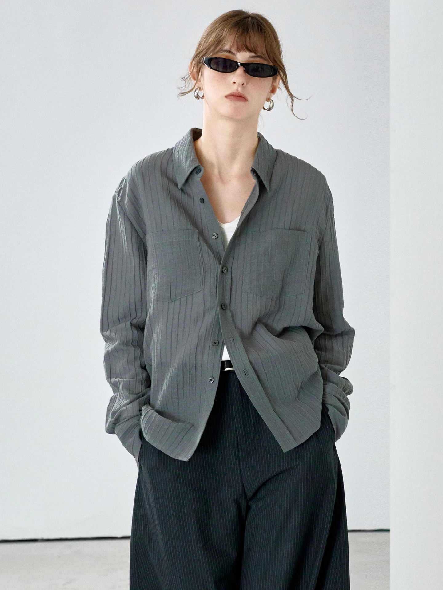 Misty Grey Long Sleeve Women's Shirt Cotton Linen Loose Fit Striped Top Commute Style Simple Design High End Linen Material
