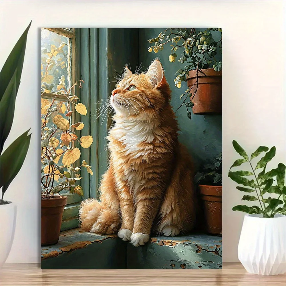 2D Flat, 2D Flat, 1pc  Canvas Art Measuring 30.48X40.64 Cm Featuring a Sunlit Orange Tabby Cat in a Lush Botanical Sett