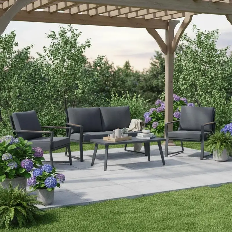 

[Free Shipping] 4 Piece Patio Furniture Set, Aluminum Conversation Set, Outdoor Garden Sofa Set with Armchairs, Loveseat, Center Coffee Table and Cushions, Dark Gray