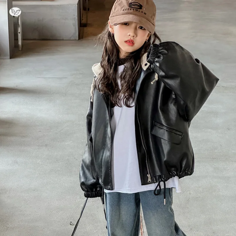 ZOETOPKID Child Removable Hooded Faux Leather Jacket for Tweens Girls High Street Black Color PU Coat with Detachable Hoodies