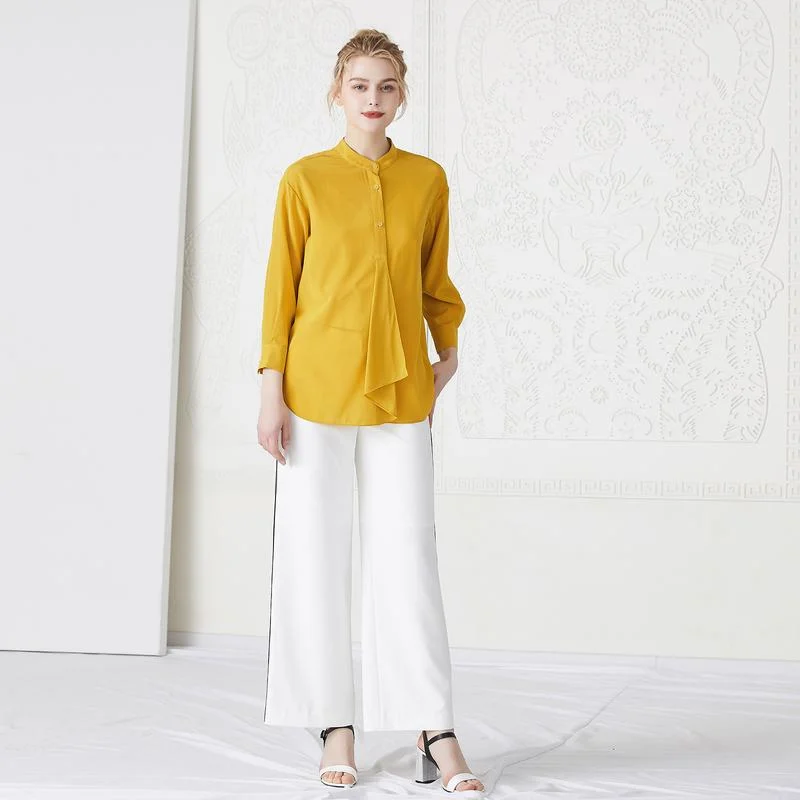 

Желтая шелковая блузка с воротником-стойкой из эластичной двойной марли 6 момме с кружевным краем, женская, премиум-класса, модная, летняя