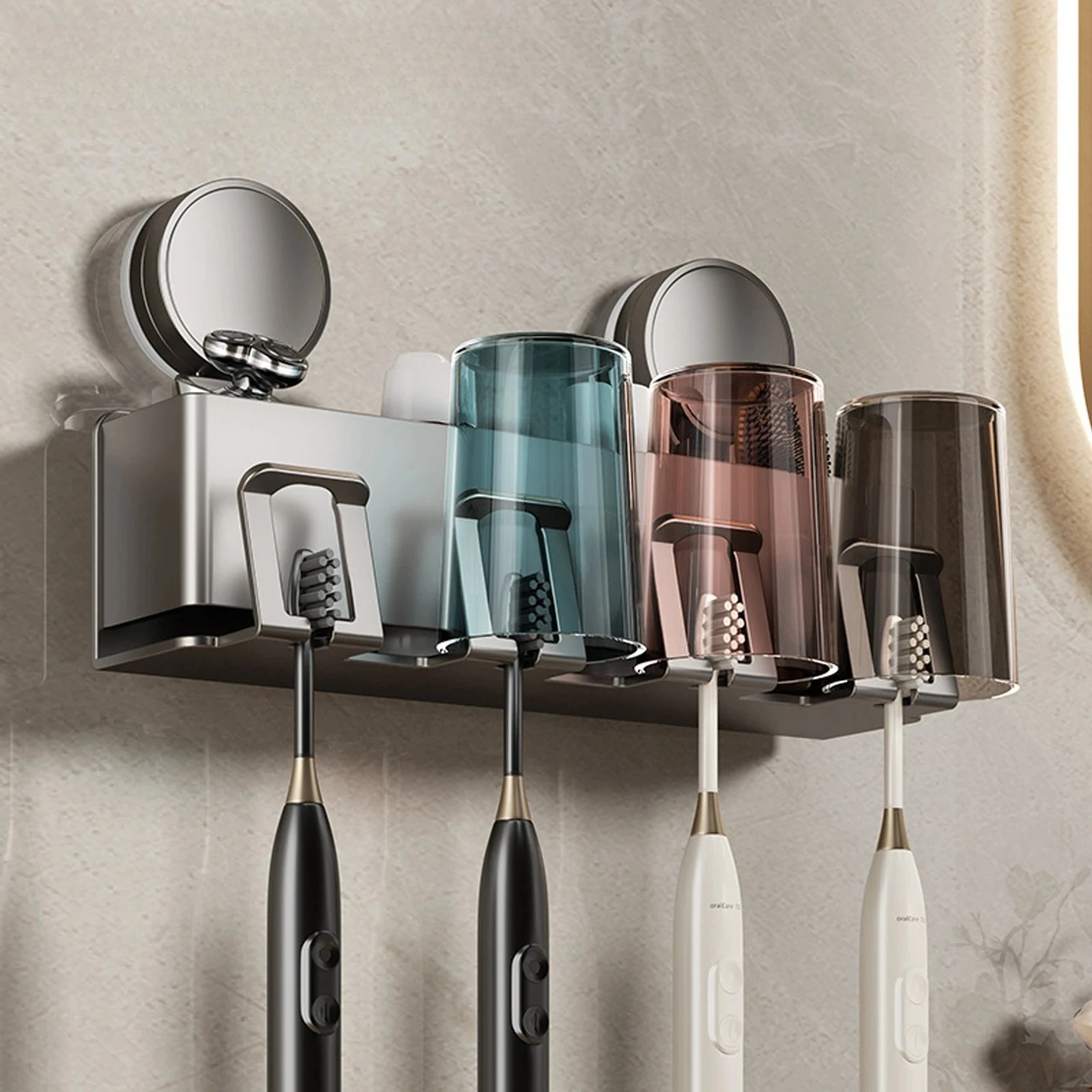 

For Suction Cup Toothbrush Holder With Squeezer Perforation-free Bathroom Shelf Mouthwash Cup Toothbrush Holder