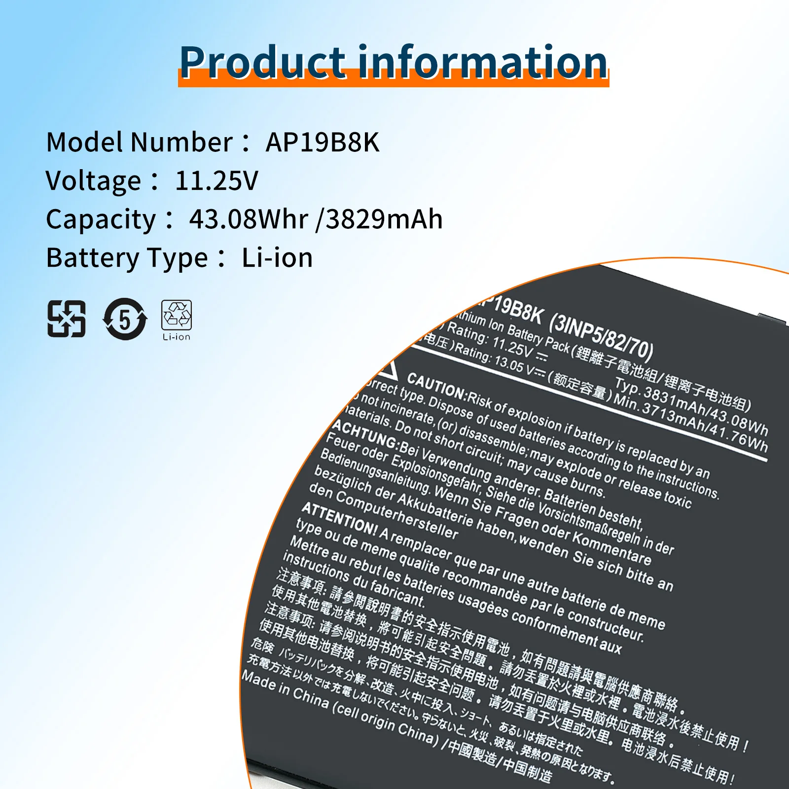 Bateria do portátil BVBH AP19B8K, Aplicar para Acer Aspire, A314, A315, Série A317, 11.25V, 58.76Wh, 3713mAh