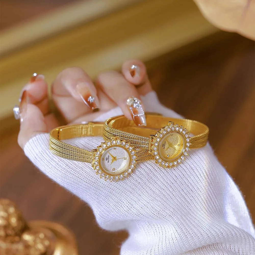 BS женские часы 2025 роскошные элегантные женские наручные часы цвета: золотистый, серебряный, с бриллиантами, кварцевые наручные часы, винтажные женские маленькие часы