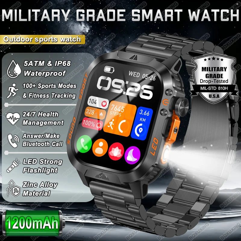 New 1200mAh Battery Military Smart Watch Men Fitness Tracker IP68 Waterproof  Health Monitor Sleep Flashlight Rugged Smartwatch