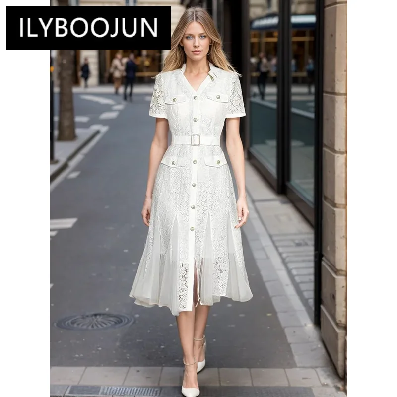 ILYBOOJUN Solid Spliced Mesh Dresses For Women Round Neck Short Sleeve High Waist Single Breasted Patchwork Belt Dress Female