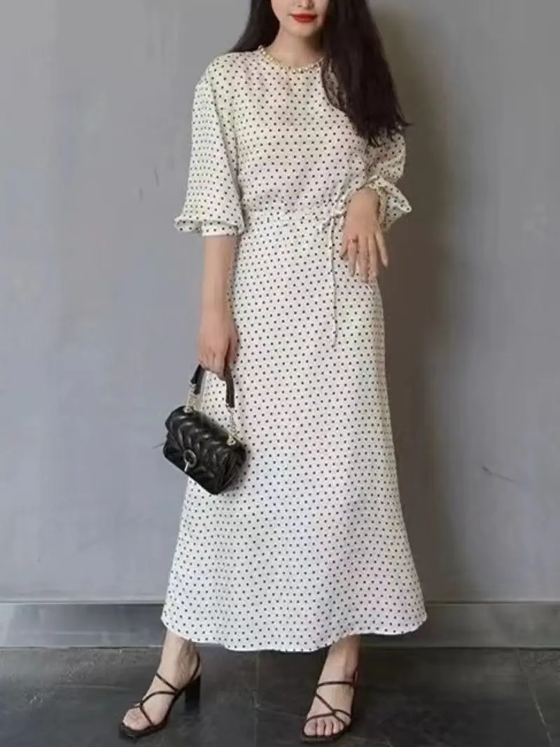 Women Dot Print Robe Diamond Decoration O-Neck Waist Lace-Up Long Sleeve Elegant Early Autumn 2024 Midi Dress