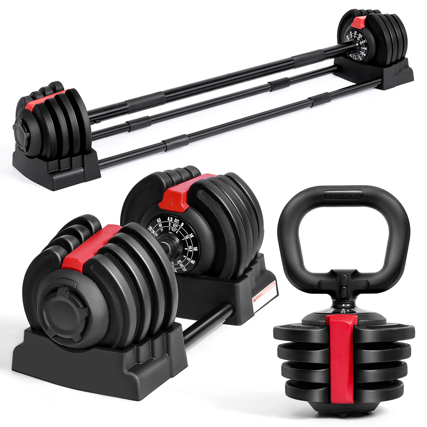 KERDOM 1-Sec Fast Adjustable Dumbbell 1pc, 12 Free Weight Set with Connector, 3 in1 Dumbbells Set Used as Barbell, Kettlebells, Push up Stand, Fitness Exercises for Home Gym Equipment, Non-slip Metal Handle, 2-43 lbs Suitable for Man & Woman