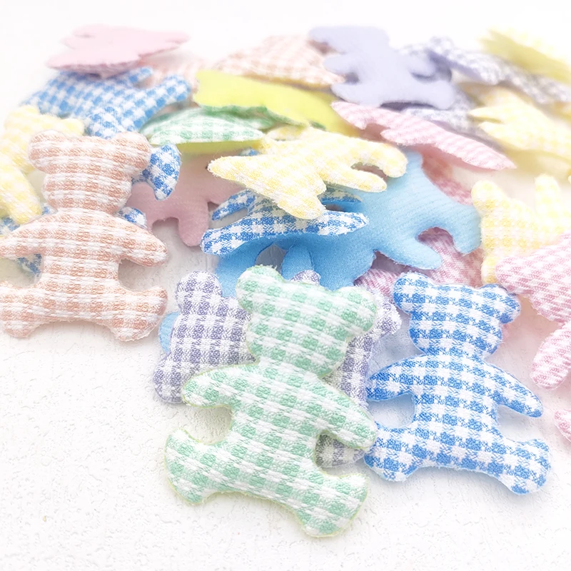 60Pcs/Lot 3.5*4.2CM Lattice Fabric Bear Padded Appliques For DIY Handmade Children Headwear Garment Accessories Patches