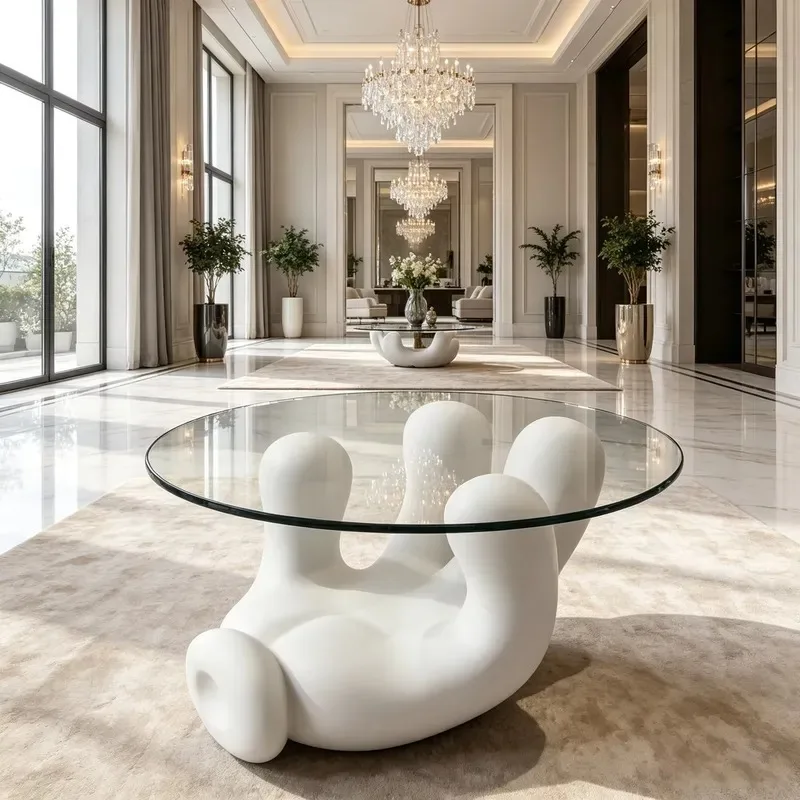 Fiberglass hand-shaped coffee table, round tempered glass desktop art sculpture center table, suitable for villa hotel