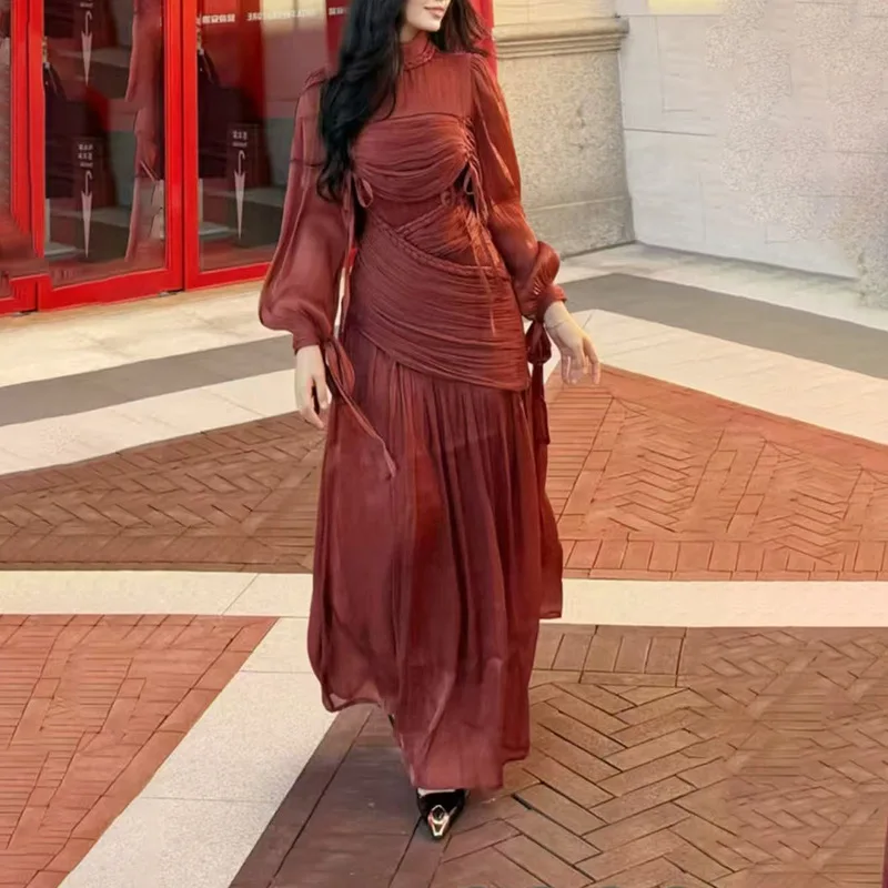 

Southeast Asia Bestselling Elegant Style2025New Early Autumn Stand Collar Lantern Sleeve Pleated Flared Long Dress
