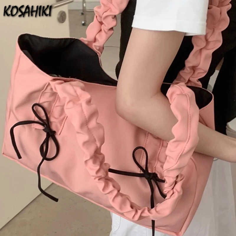 

Korean Chic Sweet Y2k Aesthetic Bow Shoulder Bags Fashion Women All Match Bow Pleated Handbags Simple Office Lady Underarm Bag