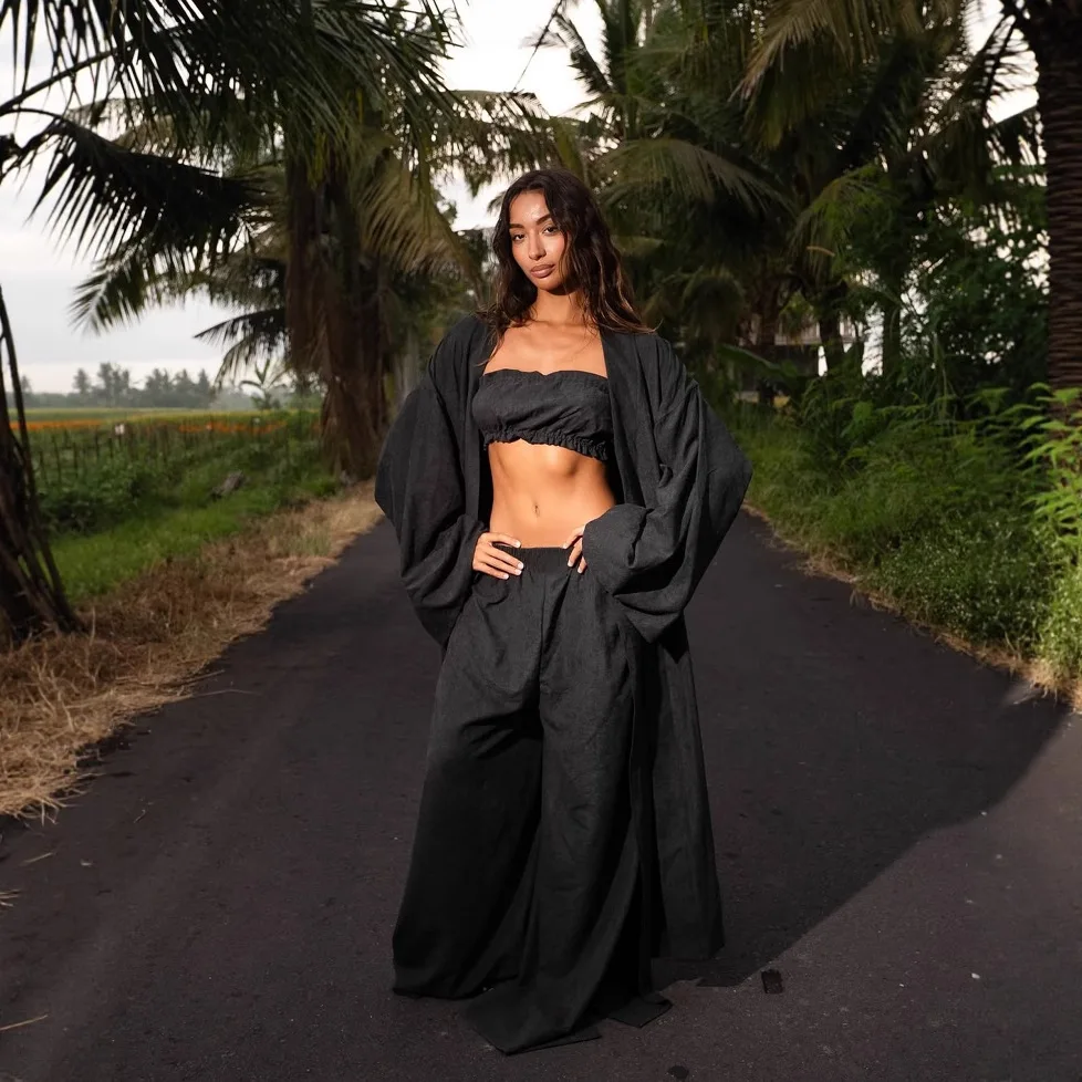 Fashionable Tube Top Long Coat Wide Leg Pants 3 Piece Matching Set Spring Summer