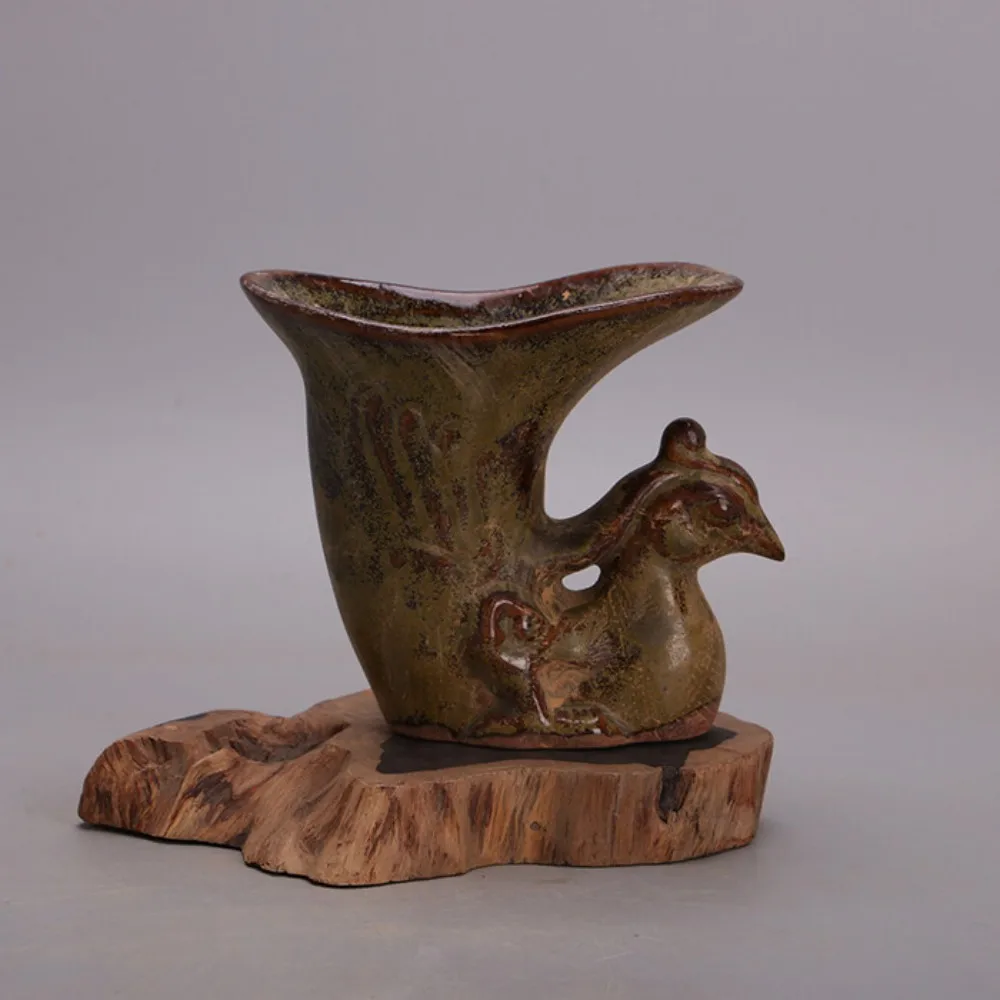 Song Yue Ware Tea Dust Glaze Carved Phoenix Cup Vintage Style Porcelain Home Decor Collectible