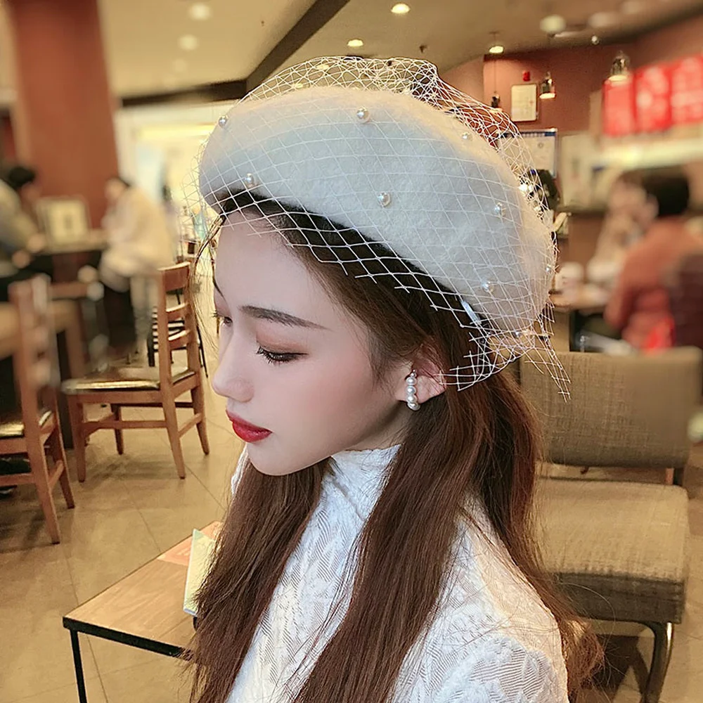 Retro Beret British Mesh Cap Elegant Female Fedoras Mesh Bow Floral Wedding Tea Party Wool Pearl Berets Fedora Hats For Women