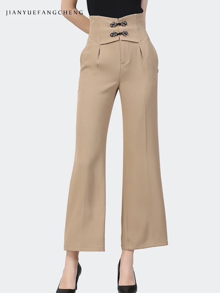 2022 Spring Summer High Waist Design Wide Leg Pants Women Fashion Flared Trousers Front Pleated Solid Color Straight Suit Pants